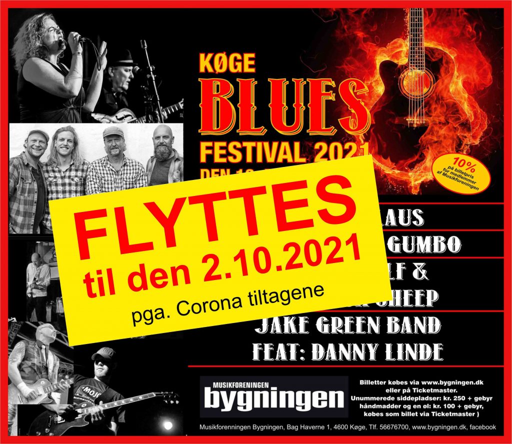 Køge Blues Festival - Efterår 2021. Svedig bluesfestival i Musikforeningen Bygningen i Køge, lørdag den 2. oktober 2021 kl. 12.00.