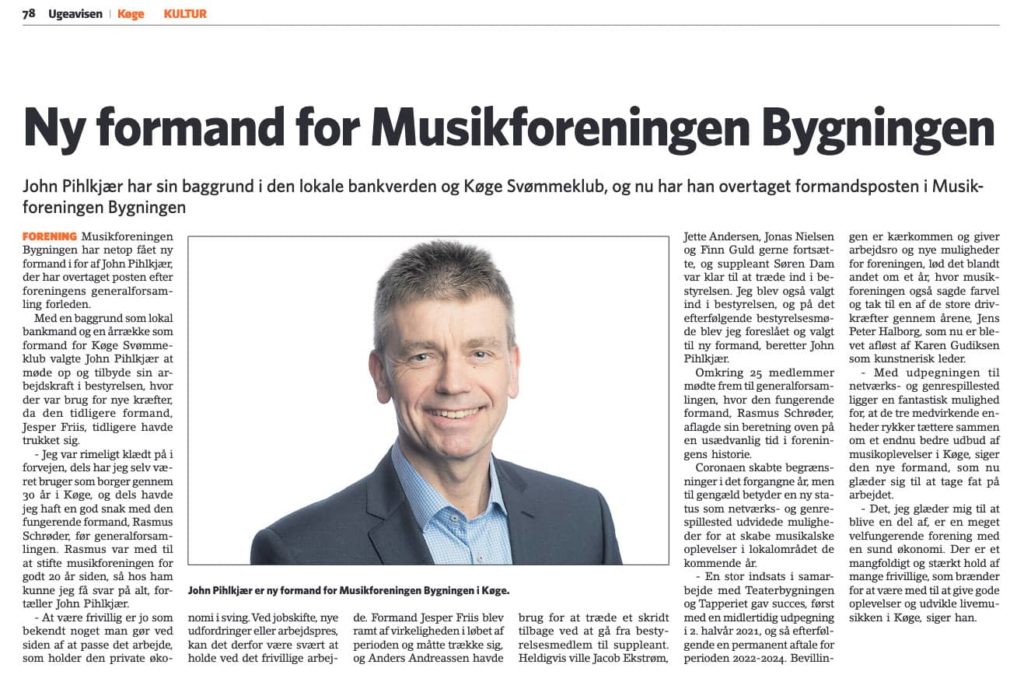 John Pihlkjær er ny formand for Musikforeningen Bygningen i Køge