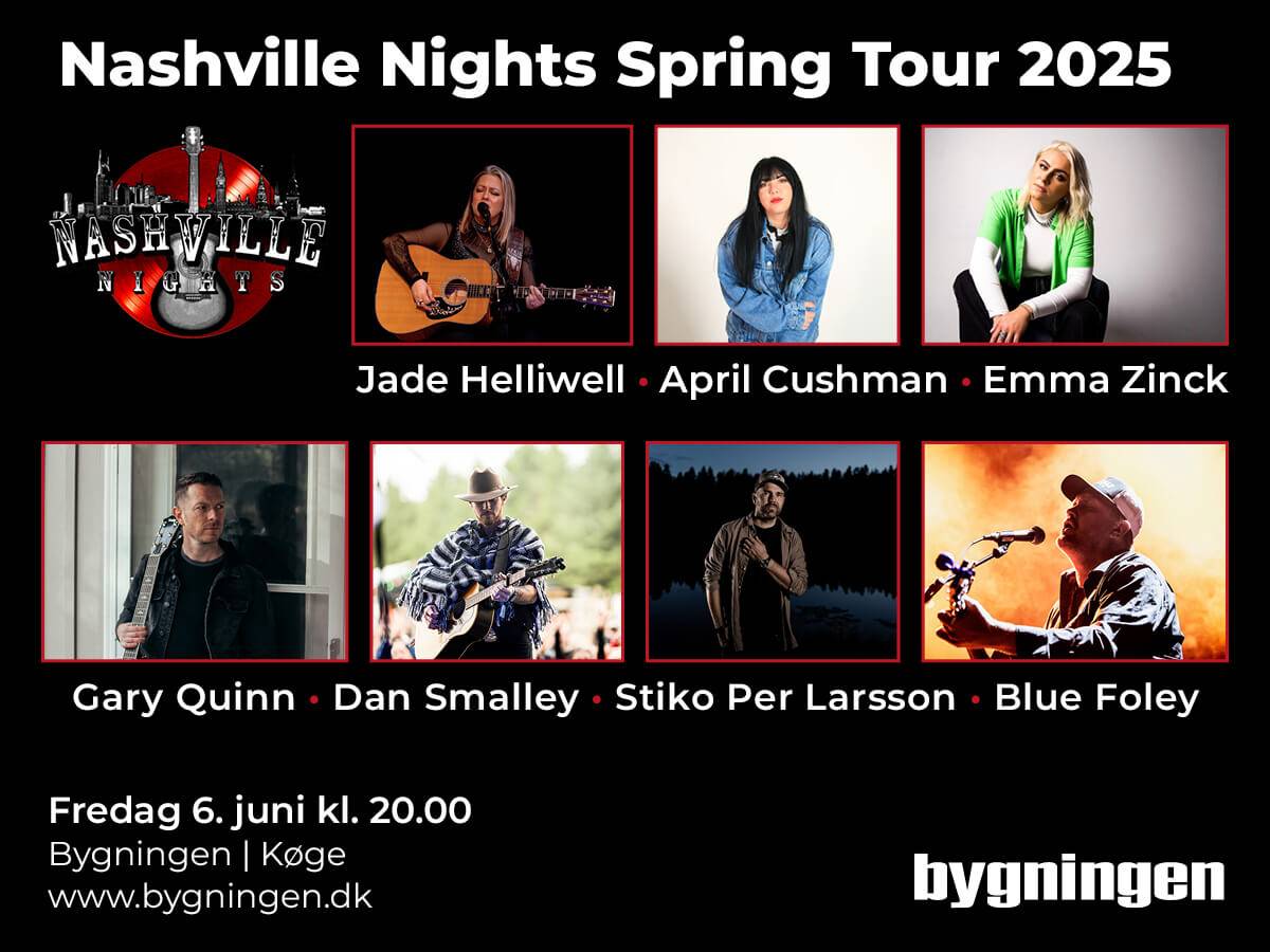 Nashville Nights Spring Tour 2025 på Teaterbygningen i Køge fredag 6. juni kl. 20.00. Lineup: Jade Helliwell, April Cushman, Emma Zinck, Gary Quinn, Dan Smalley, Stiko Per Larsson og Blue Foley